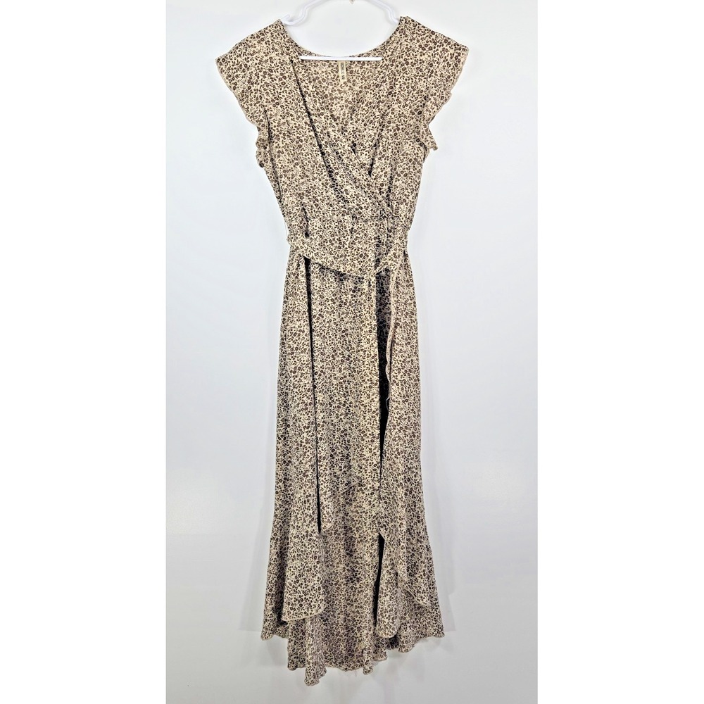 Grecerelle‎ Faux Wrap Ditsy Floral Flutter Sleeve Midi Dress Waist Tie Womens S